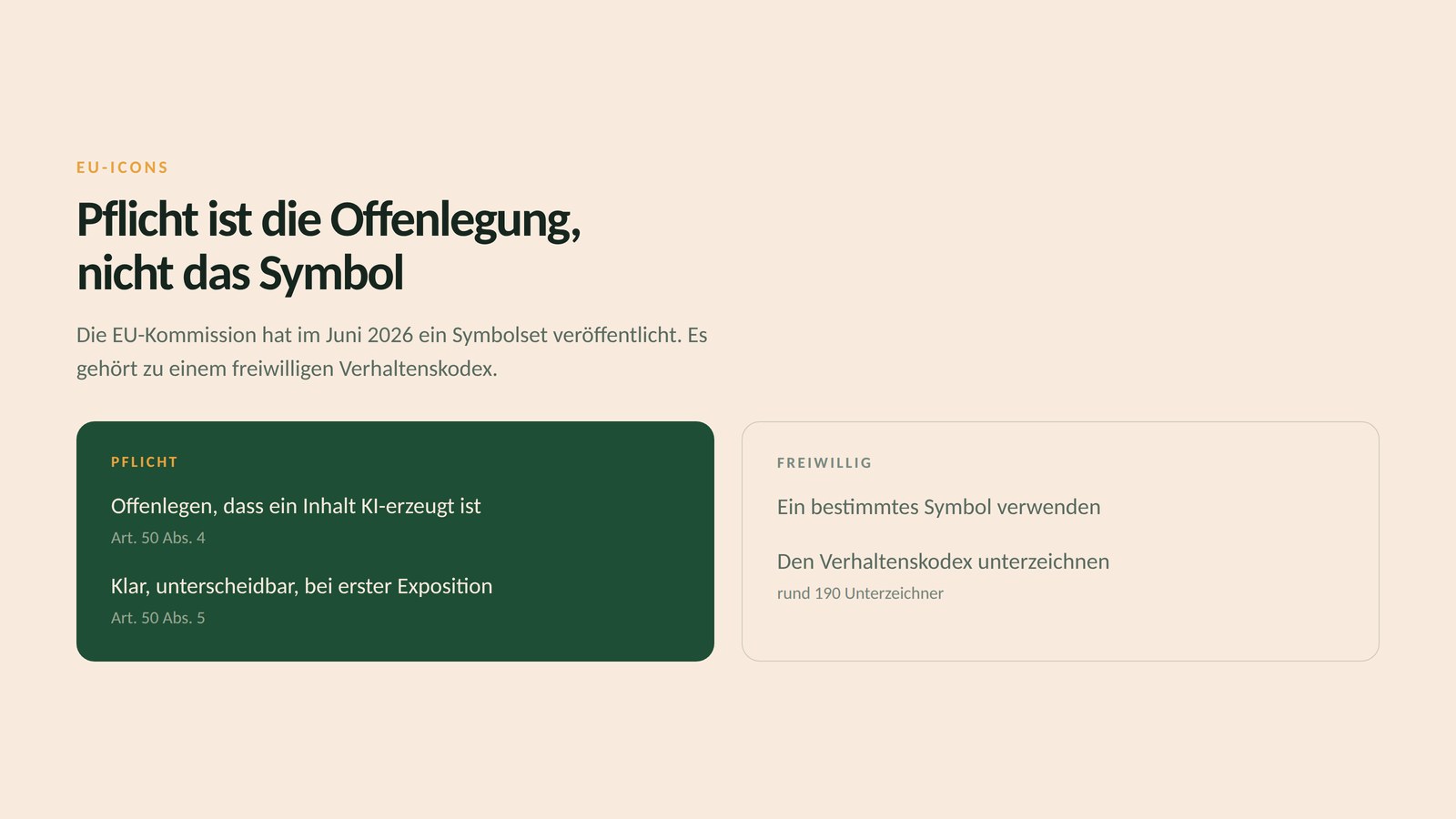 Gegenüberstellung: Pflicht sind die Offenlegung nach Artikel 50 Absatz 4 und die klare, unterscheidbare Darstellung bei erster Exposition nach Absatz 5. Freiwillig sind ein bestimmtes Symbol und die Unterzeichnung des Verhaltenskodex.