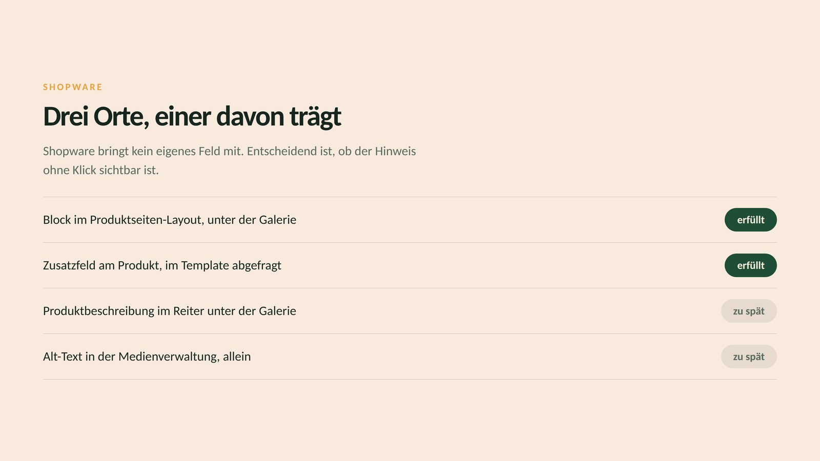 Vier mögliche Orte für den Hinweis in Shopware mit Bewertung: Block im Produktseiten-Layout und Zusatzfeld am Produkt erfüllen die Anforderung, Beschreibung im Reiter und Alt-Text allein kommen zu spät.